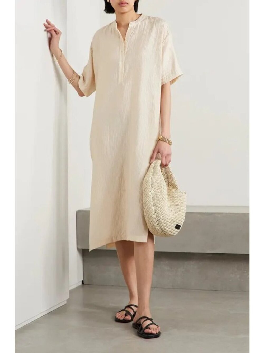 ANINE BING  liv crinkled-voile midi dress champagne XS lagenlook minimalist